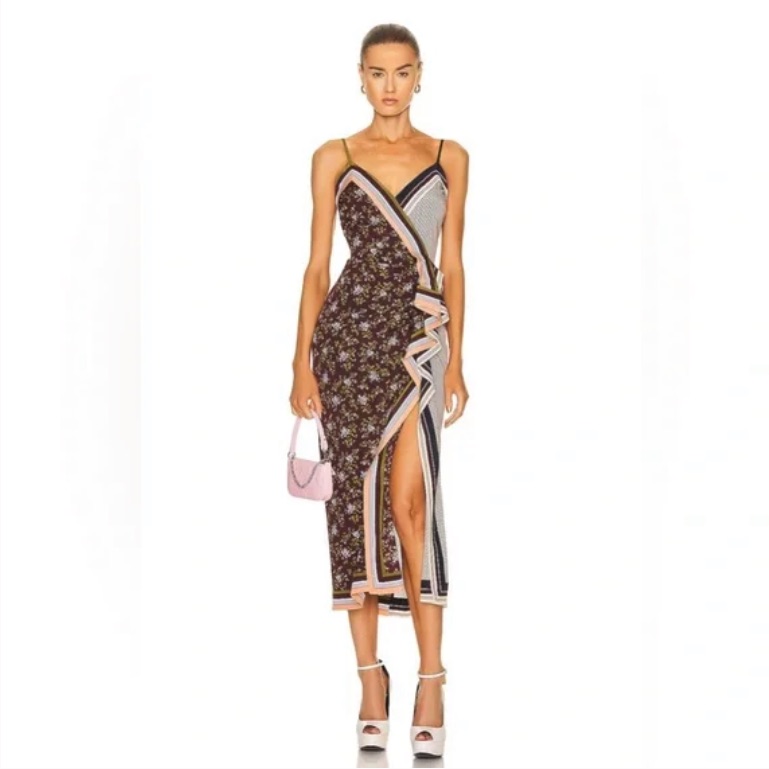 Floral Mixed-Print Slip Dress With Side Ruffle - Black/Pink